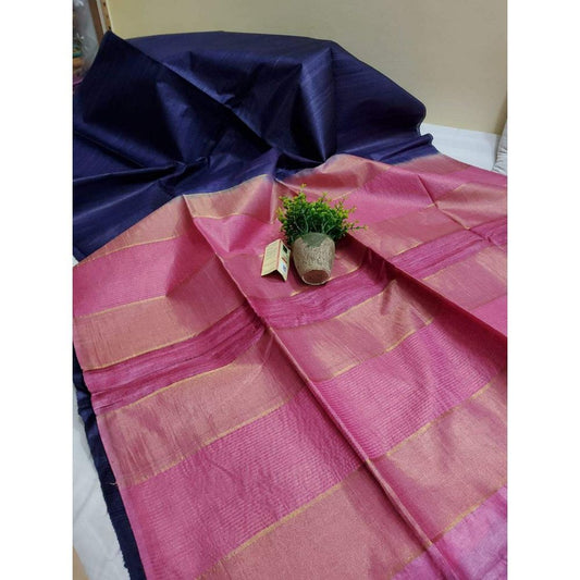 Silkmark Certified Eri Tussar Striped Blue Body Saree with Pink Pallu Colour Blouse-Indiehaat