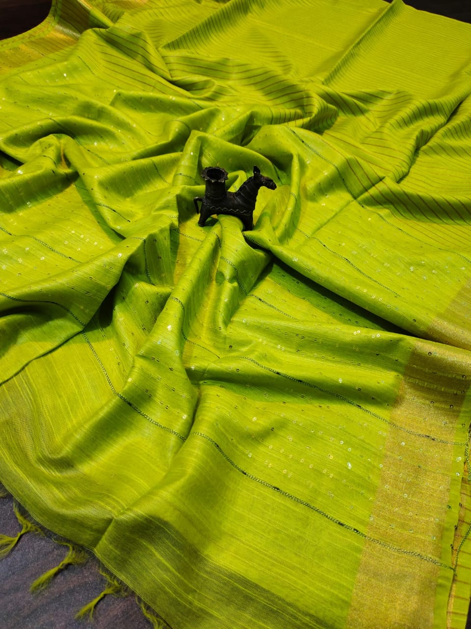 Kota Slub Striped Body Sequence Pallu Hand Dyed Citrus Green Saree with Blouse-Indiehaat