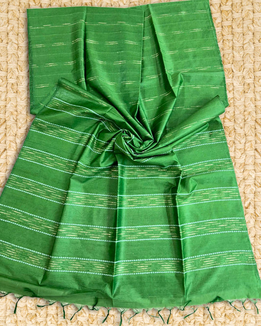 Pure Kota Silk Weaving Saree Dark Green Color with Dupion Strip and running blouse - IndieHaat